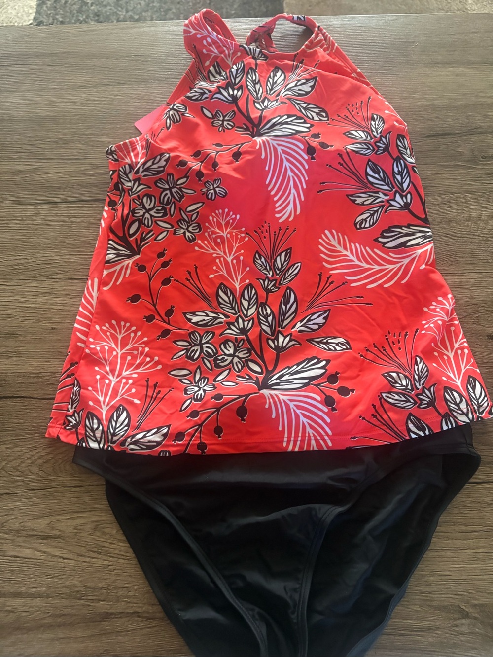 Coastal Rose Red Floral Tankini Swim Top and Black Bottoms